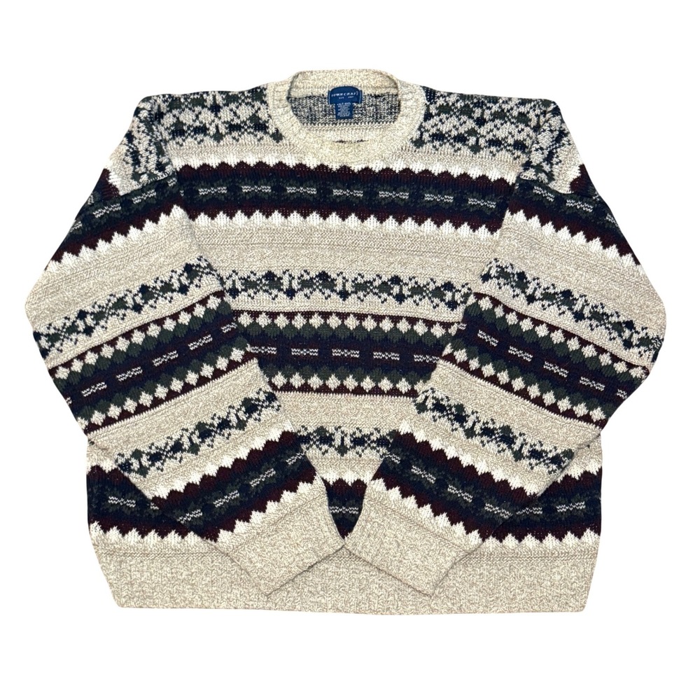 Towncraft Mens 4XLT 4XGL Fair Isle Geometric Knit Crewneck Sweater Tan Multi